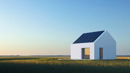 Sustainable Modern House in a Field at Sunset