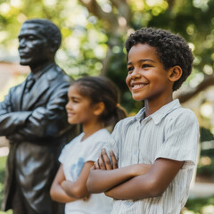Obraz premium Black History Pride: School Children with Statue of Black Leader - Copy Space