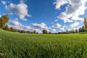 Obraz premium Vibrant autumn landscape with blue sky and green grass in park