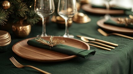 a green table setting with gold napkins and place settings