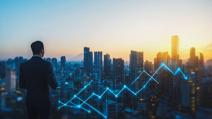 abstract, business, team, stands, peak, success, Abstract business man stands on the peak of success amid tall, innovative Smart city and graphs with statistics to analyze business potential and predi