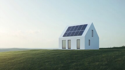 Eco-Friendly Modern House with Solar Panels on a Green Hill
