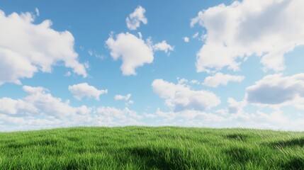 Fototapeta premium Vibrant green grass field under a clear blue sky with fluffy white clouds
