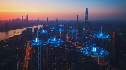 abstract, business, team, stands, peak, success, Abstract business man stands on the peak of success amid tall, innovative Smart city and graphs with statistics to analyze business potential and predi