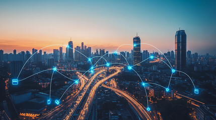 Fototapeta premium abstract, business, team, stands, peak, success, Abstract business man stands on the peak of success amid tall, innovative Smart city and graphs with statistics to analyze business potential and predi