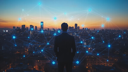 Fototapeta premium abstract, business, team, stands, peak, success, Abstract business man stands on the peak of success amid tall, innovative Smart city and graphs with statistics to analyze business potential and predi