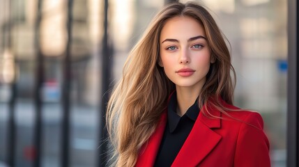 Naklejka premium close up woman face portrait, businesswoman at modern office building 