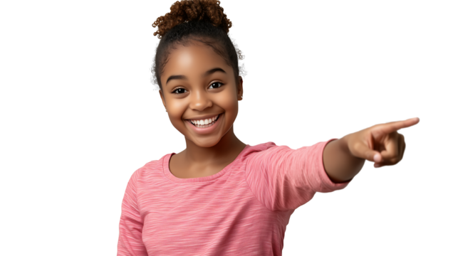 Gossip concept - happy pretty african american teenage girl in pink pointing at something isolated on white background on transparent background