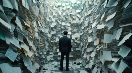 A solitary man stands in a cramped space, surrounded by chaotic stacks of disorganized papers, symbolizing the heavy burden of overwhelming documentation and the chaos of bureaucracy