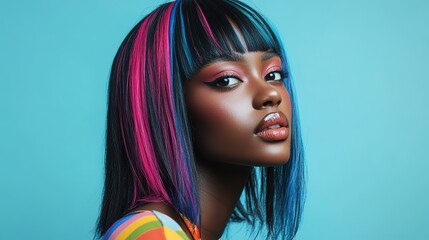 black African woman with short straight hairstyle on blue background, close up woman face portrait, modern  fashion style with bright light background with unique makeup 