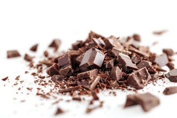 Fototapeta premium Pile of small chocolate crumbs on white background. Image illustrated food for advertisement
