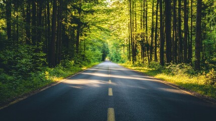 Obraz premium Sunlit Forest Road: A Journey Through Nature's Embrace
