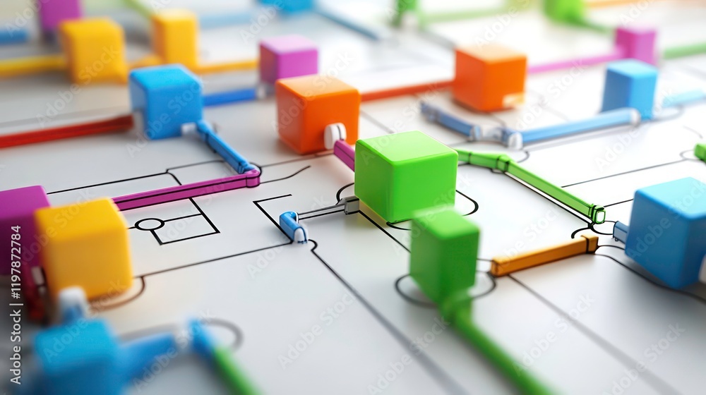 Aufkleber colorful cubes connected by lines on a white surface, representing a network or system.