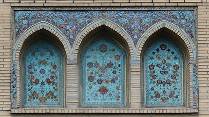 Three arched turquoise mosaic panels decorate a building