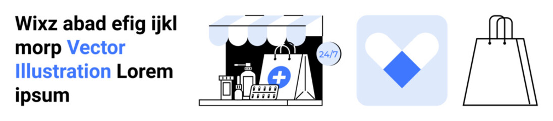 Storefront with striped awning, open 247 sign, and shopping bag, adjacent heart-shaped app icon and minimalistic shopping bag. Ideal for e-commerce, retail, online shopping, delivery, mobile apps