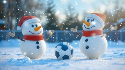 Obraz premium Festive Snowmen Playing Soccer In Winter Snow