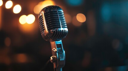 Vintage microphone on stage with blurred background lights.