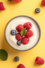 Minimalist flat lay with a yogurt bowl and fresh berries, healthy organic food concept.