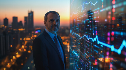 Fototapeta premium abstract, business, team, stands, peak, success, Abstract business man stands on the peak of success amid tall, innovative Smart city and graphs with statistics to analyze business potential and predi