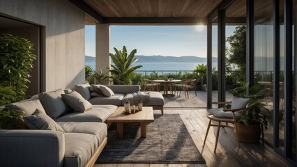 Obraz premium Sunny and beautiful terrace by the sea