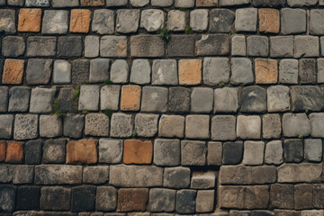 Naklejka premium Processed collage of old european cobble stone pavement texture. Background for banner