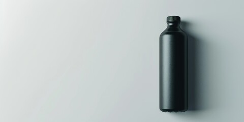A minimalist black bottle placed against a light background, emphasizing simplicity and design.