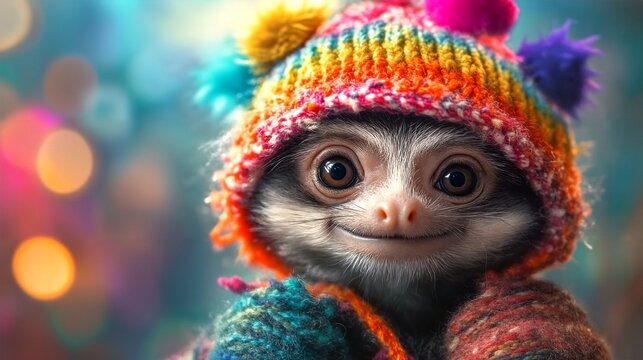 A Small Monkey Wearing A Knitted Hat Smiling At The Camera.