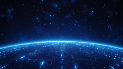 Celestial Glow: An abstract view of a blue planet bathed in the soft light of a nebula, twinkling with distant stars. The image captures the beauty of the cosmos and the vastness of space. 