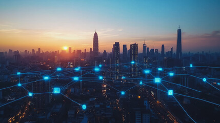 Fototapeta premium Abstract business man stands on the peak of success amid tall, innovative Smart city and graphs with statistics to analyze business potential and predict future developments in company growth.