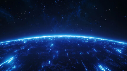 Obraz premium Celestial Blue Planet: A breathtaking, stylized view of a planet bathed in vibrant blue light, showcasing a futuristic, ethereal atmosphere.