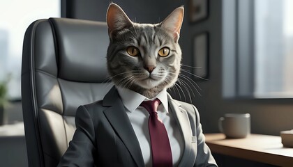 Sophisticated Cat in a Gray Suit: A Serene Business Portrait