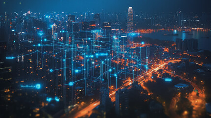 Fototapeta premium Abstract business man stands on the peak of success amid tall, innovative Smart city and graphs with statistics to analyze business potential and predict future developments in company growth.