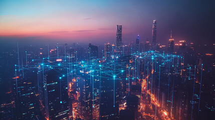 Fototapeta premium Abstract business man stands on the peak of success amid tall, innovative Smart city and graphs with statistics to analyze business potential and predict future developments in company growth.