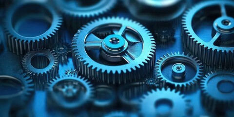 Close-up view of intricate gears set against a vibrant blue backdrop.