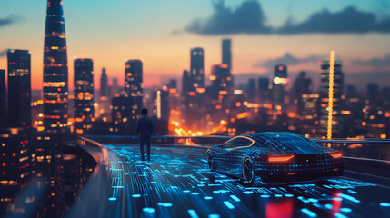 Fototapeta premium Abstract business man stands on the peak of success amid tall, innovative Smart city and graphs with statistics to analyze business potential and predict future developments in company growth.