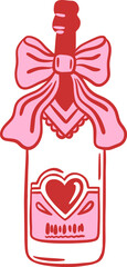 Champagne bottle with heart label and decorative ribbon bow. Outline vector illustration with red and pink details. Wedding or Valentine's Day design.