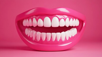 Fototapeta premium Close-up of a bright pink, glossy mouth with a wide, healthy smile revealing perfect white teeth against a pink background.