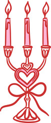 Candelabra with three pink candles and heart shaped base decorated with ribbon bow. Hand drawn outline illustration. Love, romance, and Valentine's Day.