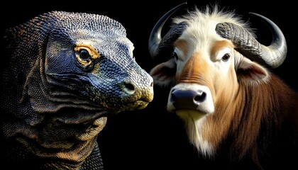 Fototapeta premium Komodo Dragon and Water Buffalo A Striking Contrast of Predators on Black Background
