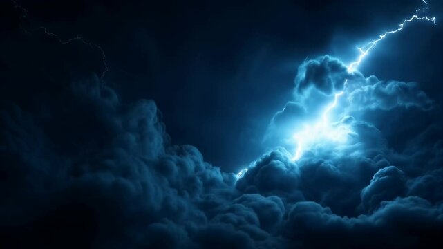 Lightning bolts striking through stormy clouds in night sky with dramatic blue glow. Weather and natural phenomena content