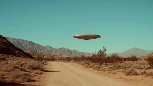 Unidentified flying object above sandy road through desert shrubs and mountains. Science fiction and adventure content
