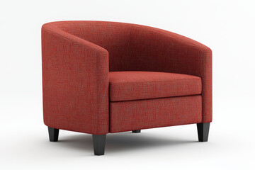 Red fabric armchair with curved back and dark legs.