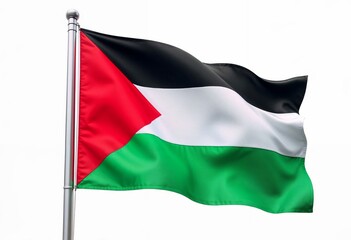 Close-up of the Palestine flag mounted on a sturdy steel pole isolated in a white background