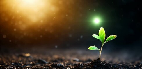 Young plant sprout in soil under rain with golden bokeh lights. Growth and nature content