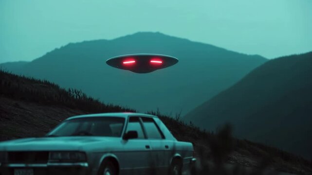 Red glowing unidentified flying object above car between mountain silhouettes. Science fiction and mystery content