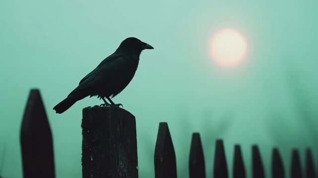 Black raven silhouette on wooden post with fence row in turquoise twilight. Wildlife and mystery content