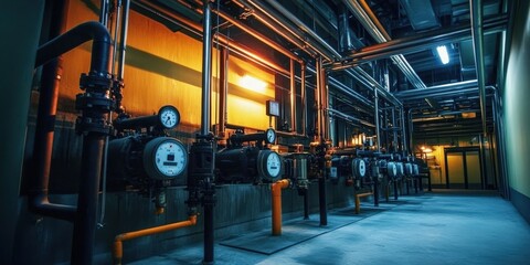 Fototapeta premium Machinery elements including pipes and meters crucial for factory operations.