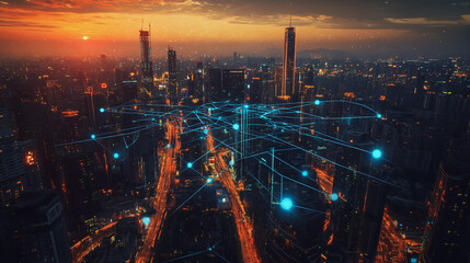 Obraz premium Abstract business man stands on the peak of success amid tall, innovative Smart city and graphs with statistics to analyze business potential and predict future developments in company growth.