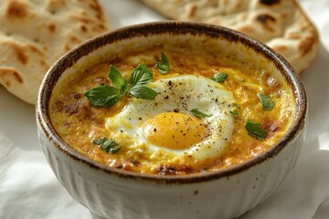 Baked eggs in creamy turmeric sauce, topped with fresh herbs, served with naan bread.