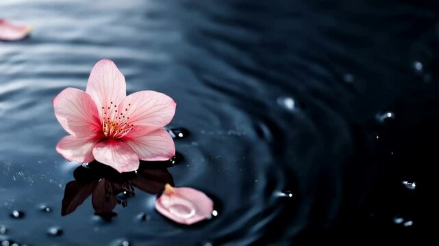 Pink cherry blossom flower floating on dark water surface with ripples. Nature and wellness content